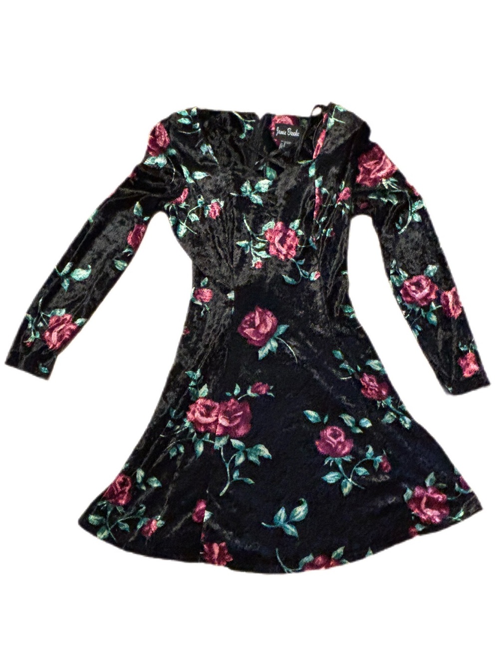 Jamie Brooke Vintage 90s Black Velvet Floral Dress Pink Rose Whimsigoth Grunge S